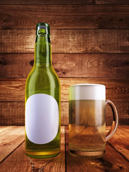 Bottle of beer with mockup poster label and glass. Wooden background. 3D render.