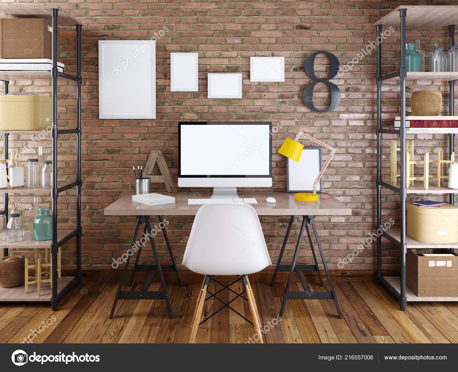 Mockup Poster Brick Wall Red Mockup Monitor Table Interior