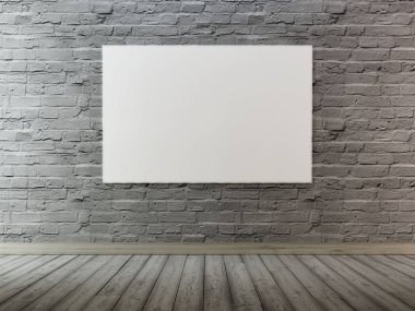 poster çerçeveleri hipster vintage iç arka planda alay. Beyaz tuğla duvar yırtılmış. 3D render