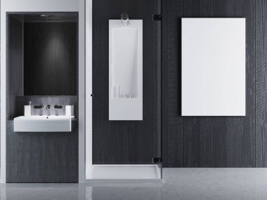 poster çerçeveleri iç banyoda çağdaş bir tarzda alay. banyo gri ve beyaz renklerde. 3D render.