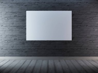 gri, arka planda bir tuğla duvara poster alay. 3D render.