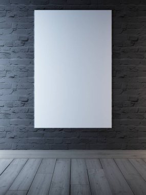 gri, arka planda bir tuğla duvara poster alay. 3D render.