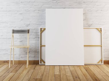 Mockup poster hipster iç. Arka plan beyaz tuğla duvarın afişlerde. 3D render.