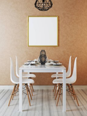 Mockup poster iç yemek odasında. Çağdaş bir hipster tarzda yemek. 3D render.