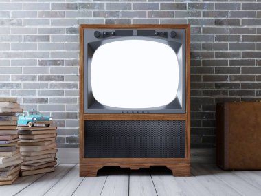 Mockup hipster-ekran Tv. Bir tuğla duvar arka plan Vintage televizyonda. Eski kitap ve bir bavul Tv. 3D render.