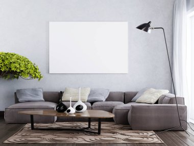 Boş poster duvara çağdaş iç tarzı üzerinde sahte. Kahverengi ve gri tonu. 3D render.