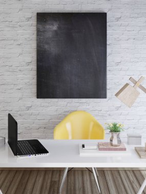 mockup poster panosu kayıtları ve masaüstünüzde bir tuğla üzerine sunumlar için beyaz duvar. Siyah mockup poster tebeşir eski püskü kalıntıları ile. 3D render.