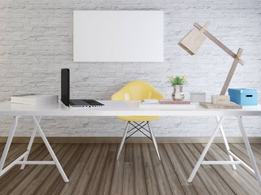 mockup poster duvara masaya yukarıda. Beyaz bir duvar üzerine beyaz mockup poster. 3D render.