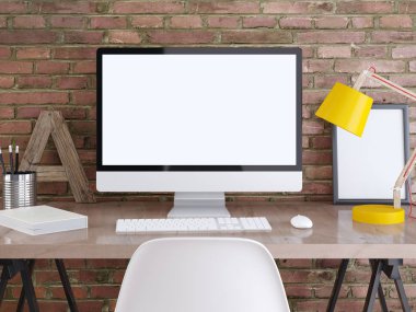 bir tablo mockup monitörde bir tuğla duvara posterler ile. İç tarzı çatı ile kırmızı tuğla ve yenilikçi mobilya yapılmış bir duvar. 3D render