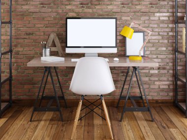 bir tablo mockup monitörde bir tuğla duvara posterler ile. İç tarzı çatı ile kırmızı tuğla ve yenilikçi mobilya yapılmış bir duvar. 3D render