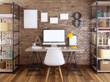 bir tuğla duvar üzerine mockup poster masada kırmızı mockup monitörle. İç hippi tarzı. 3D render.