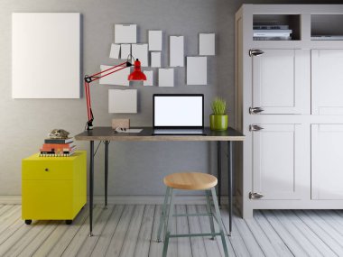 Mockup dizüstü boş duvardaki hipster iç. 3D render.