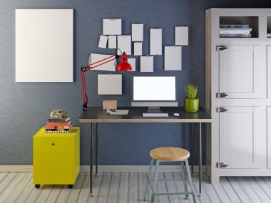 Mockup monitör ve mockup çatı iç duvarda boş. Kitap raf. 3D render.