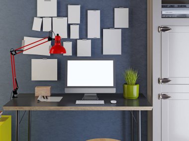 Mockup monitör ve boşlukları mavi duvar arka plan üzerinde. 3D render.