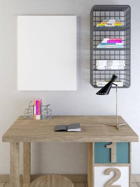 Mockup boş masanın üzerinde gri bir duvar. 3D render.