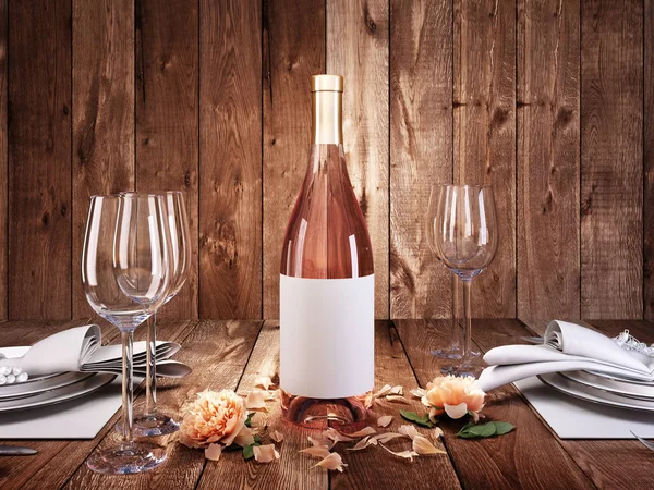 Dinner for two with a bottle of rose wine. Served table for two. 3D render.