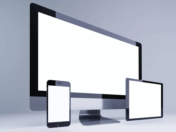 Perspectiva Mockup Tela Responsiva Monitor Tablet Telefone Inteligente Fundo Cinza — Fotografia de Stock