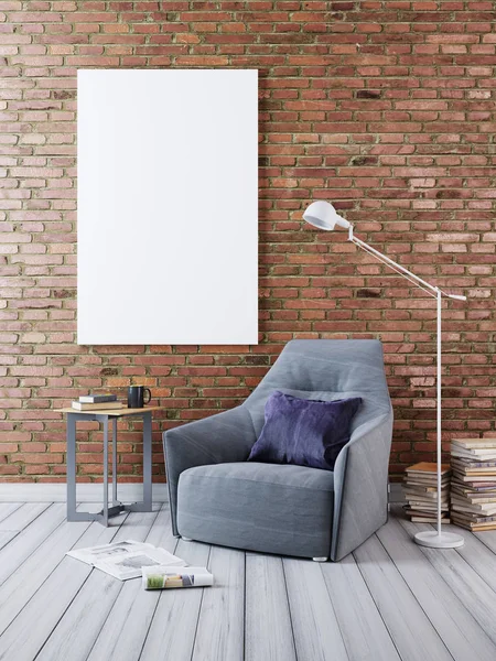 Attrappen Poster Einer Ziegelroten Wand Einem Interieur Mit Einem Sessel — Stockfoto