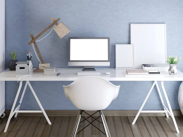 Hipster Desktop Mockup Screen Monitor Interior Style Loft Desk Blue — Stock Photo, Image