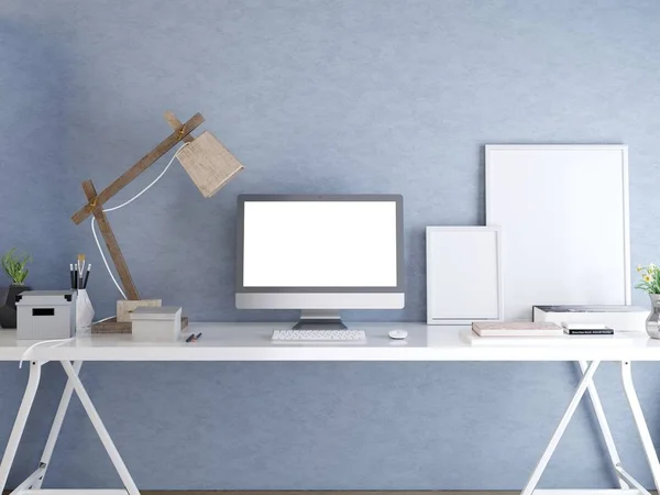 Hipster Desktop Mit Monitor Attrappe Interieur Loft Mit Einem Schreibtisch — Stockfoto