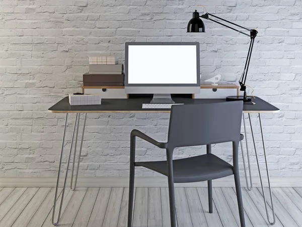 Mockup Monitor Desktop Black Desk Chair White Brick Wall Render — Stock Photo, Image