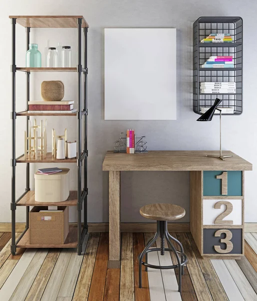 Mockup poster hippi tarzı masanın üstünde. Raflar, raflar kitap ve dekorasyon 3d render ile.