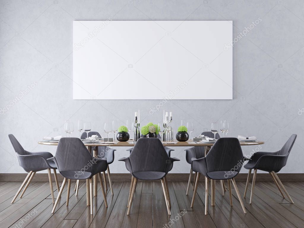 Mock up blank poster on a wall in a modern dining room with a large dining table and chairs. 3D render.