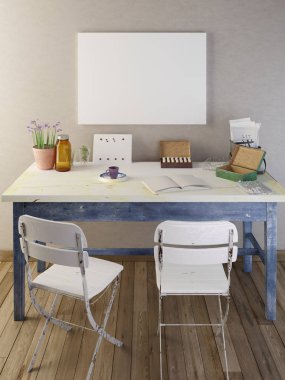 Mockup poster biyolojik cihazlar ile masada boş. 3D render.