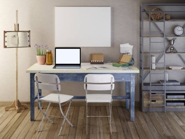 Mockup poster biyolojik cihazlar ile masada boş. 3D render.