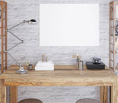 mockup boş poster üzerinde tuğla duvarın üstünde Resepsiyon oda hippi tarzı beyaz. Dekor ve Kitaplar, vintage tarzı ile rafları. 3D render.