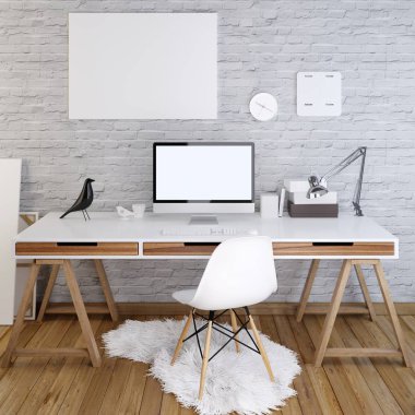 mockup poster form ve yenilikçi iç bir tuğla duvar arka monitör ekranında. 3D render.