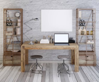 mockup boş poster üzerinde tuğla duvarın üstünde Resepsiyon oda hippi tarzı beyaz. Dekor ve Kitaplar, vintage tarzı ile rafları. 3D render.