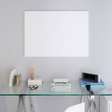 mockup poster boş bir cam masa bir hippi tarzı ışık duvarına. 3D render.