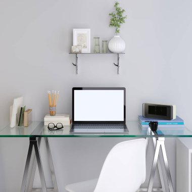 mockup laptop monitör bir hippi tarzı cam masada. 3D render.