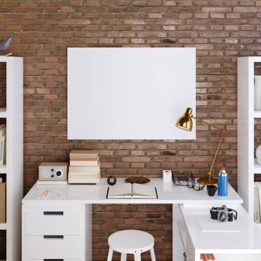 mockup beyaz masaüstü arka plan üzerinde kırmızı tuğla duvar üzerine boş poster. 3D render.