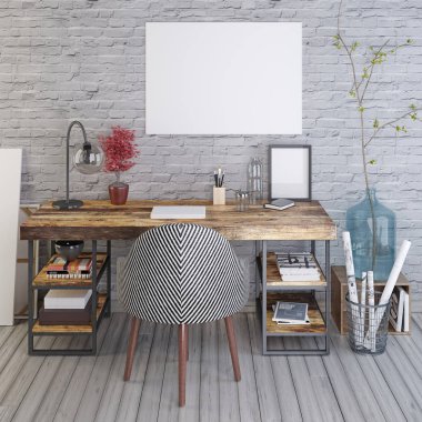 ahşap masa arka planı beyaz tuğla duvar üzerine mockup boş poster. 3D render.