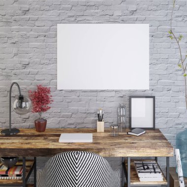 ahşap masa arka planı beyaz tuğla duvar üzerine mockup boş poster. 3D render.