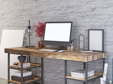 mockup monitörde bir ahşap Resepsiyon shipster tarzı. 3D render.