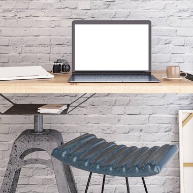 Mockup poster laptop üstünde senin okul sırası. 3D render.