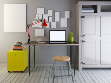 Mockup dizüstü boş duvardaki hipster iç. 3D render.