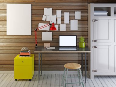 Mockup Dizüstü masaüstü ahşap duvar arka plan üzerinde. Boş masa yukarıda duvara kadar alay et. 3D render.