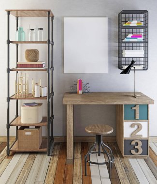 Mockup poster hippi tarzı masanın üstünde. Raflar, raflar kitap ve dekorasyon 3d render ile.