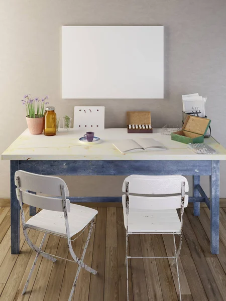 Mockup poster biyolojik cihazlar ile masada boş. 3D render.