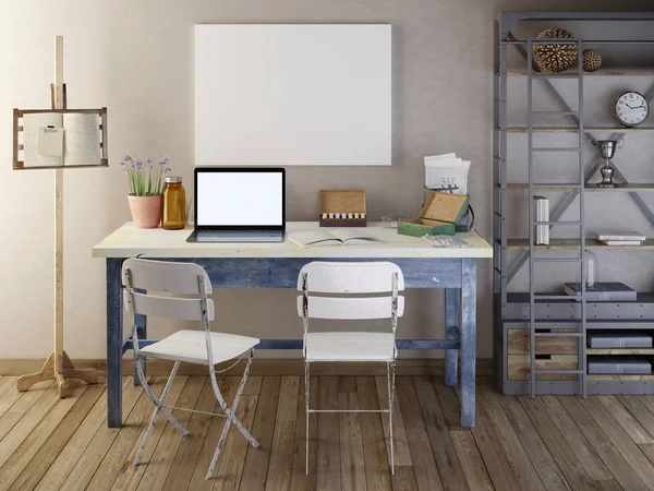 Mockup poster biyolojik cihazlar ile masada boş. 3D render.