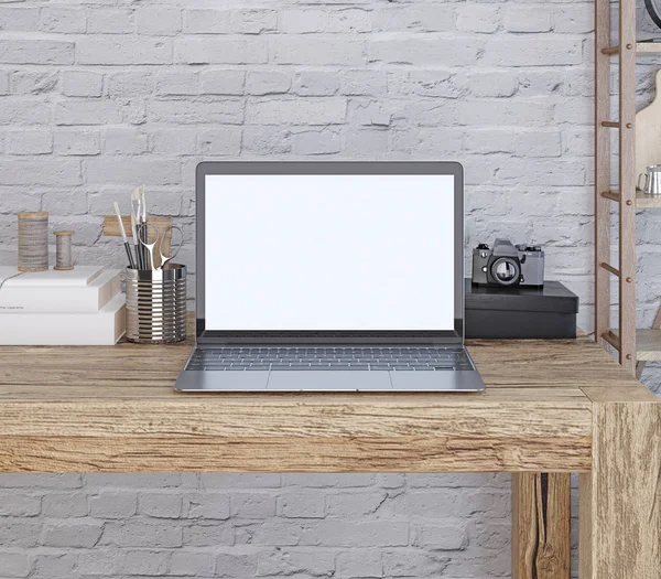 Mockup Poster Laptop Scherm Desktop Hipster Stijl Render — Stockfoto