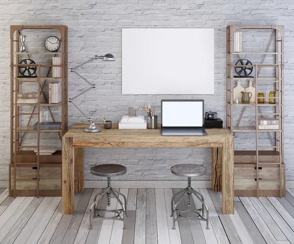 mockup boş poster üzerinde tuğla duvarın üstünde Resepsiyon oda hippi tarzı beyaz. Dekor ve Kitaplar, vintage tarzı ile rafları. 3D render.