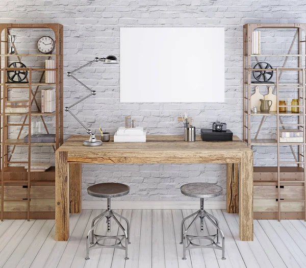 mockup boş poster üzerinde tuğla duvarın üstünde Resepsiyon oda hippi tarzı beyaz. Dekor ve Kitaplar, vintage tarzı ile rafları. 3D render.