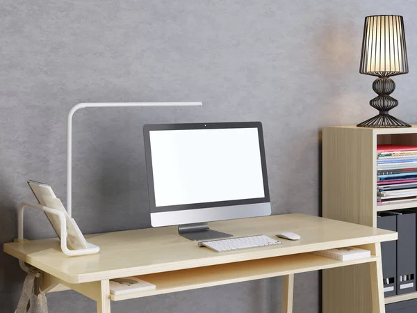 Monitor Mockup Sul Desktop Con Librerie Sfondo Grigio Rendering — Foto Stock