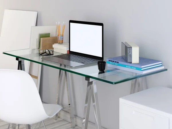 Mockup Laptop Monitor Your Glass Table Hipster Style Render — Stock Photo, Image