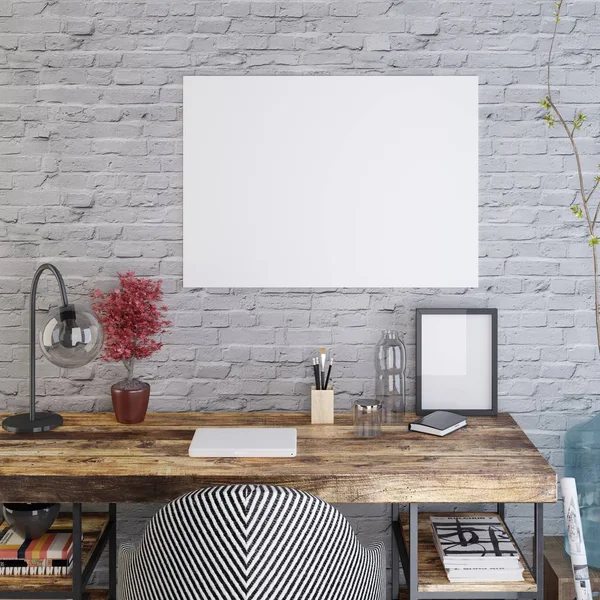 ahşap masa arka planı beyaz tuğla duvar üzerine mockup boş poster. 3D render.